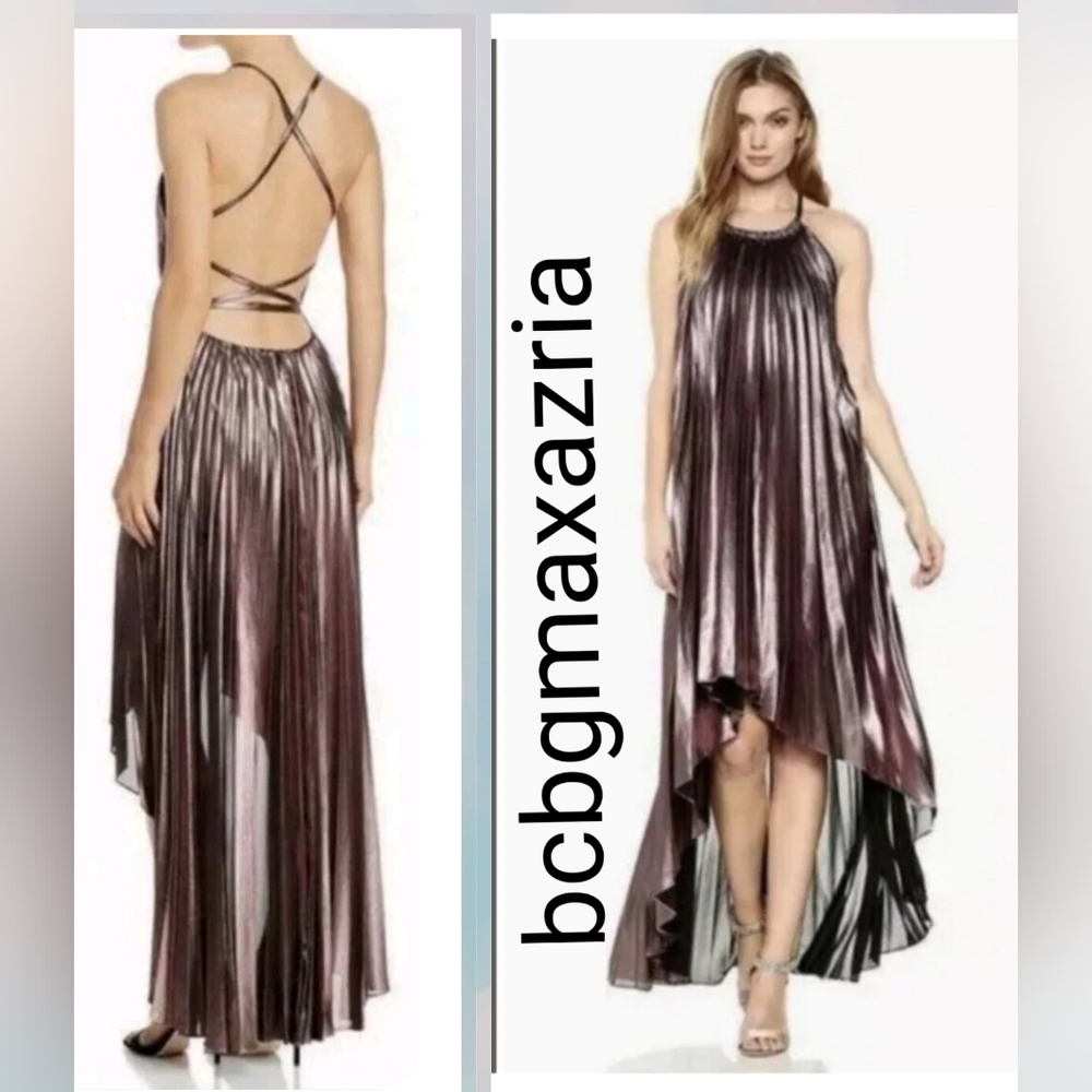 NEW  MSRP $368 BCBGMAXAZRIA VALERIE METALLIC HIGH AND LOW PLEATED GOWN DRESS